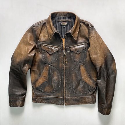 Replica RL Mendoza genuine leather jacket men's lapel multi-pocket washed retro distressed American yellow cowhide leather jacket