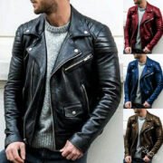Men's stand-up collar punk style leather jacket